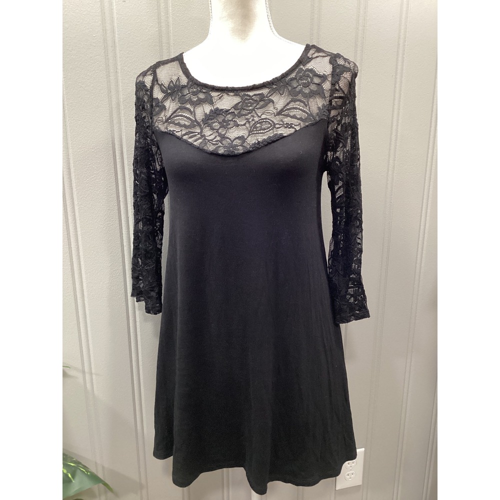 Emerald Black Lace 3/4 Sleeve A Line Dress Women's Size S